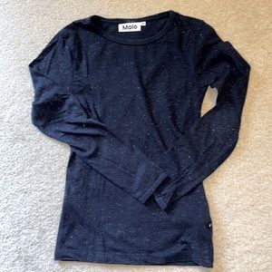 Girls size 138 (8 years) long sleeve shirt- dark blue with gold sparkle.